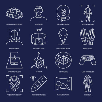 Set of modern technology and virtual reality line icons on dark blue background.