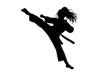 Black female martial artist silhouette performing a powerful side kick in a dynamic karate fighting pose. Isolated silhouette suitable for martial arts, karate, self defense, combat sports, fitness. © Jivikasourceoflife