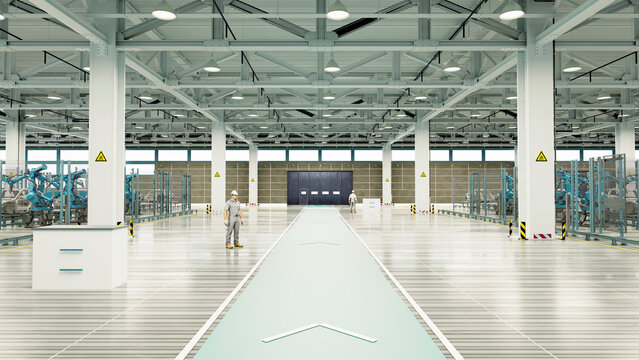 Car manufacturing factory interior with robotic arms and workers