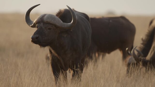 African buffalo (Syncerus caffer )in typical natural Kalahari-Nama Karoo transition habitat near Kimberley, Northern Cape, South Africa, showcasing iconic African wildlife in a wild landscape.