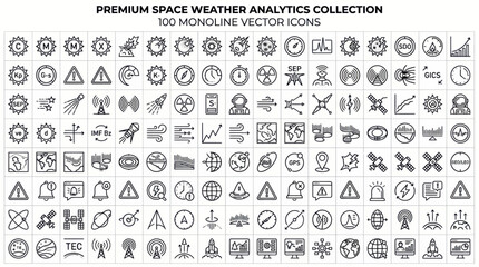 Obraz premium Space weather analytics and monitoring monoline vector icon set