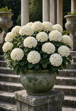 Beautiful white hydrangea bush in a decorative antique garden planter