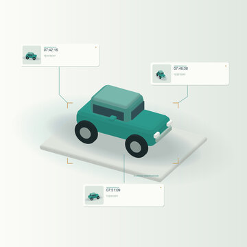 A jade vehicle linked to three fictional timestamped sighting cards. Square dimensional illustration of surveillance data correlation, vehicle identification, movement history and digital privacy.