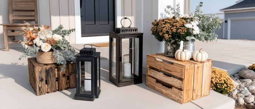 Colorful flowers and pumpkins arranged on wooden crates enhance the inviting look of the porch during the fall season