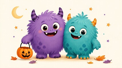 Plakat Two cute furry monsters celebrate Halloween beside a carved pumpkin. Colorful horns, stars, moon, and autumn leaves create a playful spooky scene. Seasonal art for children.