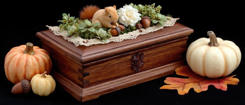 A charming display with white flowers, autumn leaves, and a small squirrel figurine enhances a cozy setting