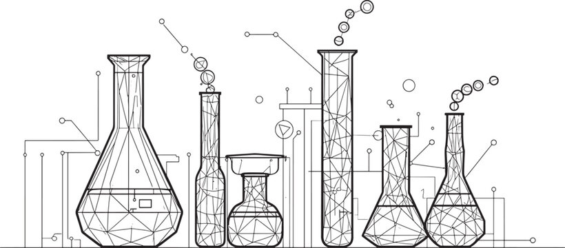 A detailed technical drawing showing various laboratory glassware items including beakers and flasks with measurement lines and scientific notation labels