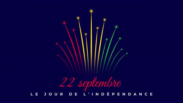 September 22, mali independence day. Colorful fireworks flag. Mali national holiday. Clean minimalist banner, 2D animation, seamless loop. Translation september 22nd independence day