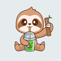 Fototapeta premium Cute Sloth Drinking Boba Milk Tea With Wood Branch Tree Cartoon