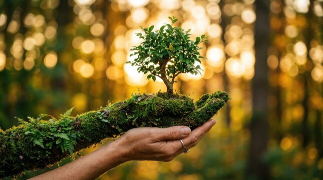 A human hand covered in green moss holds a small sapling tree, symbolizing nature conservation and environmental protection in a forest
