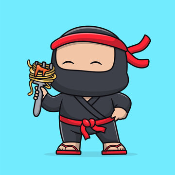Cute Ninja Eating Spaghetti With Fork Cartoon