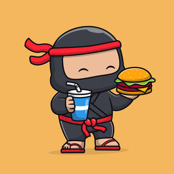 Cute Ninja Eating Burger And Soda Cartoon