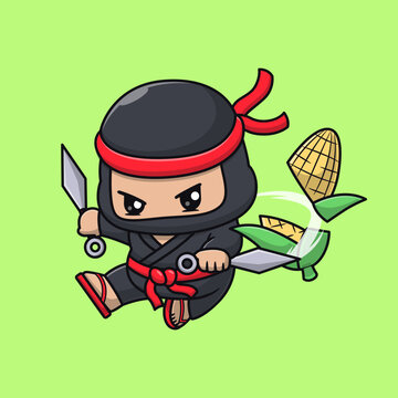 Cute Ninja Slash Corn With Kunai Knife Cartoon