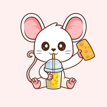 Cute Mouse Drinking Boba Milk Tea With Cheese Cartoon 