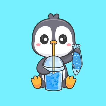 Cute Penguin Drinking Boba Milk Tea With Fish Cartoon