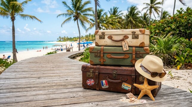 Stack of vintage travel suitcases on a wooden boardwalk at a tropical beach with palm trees, a starfish, and a straw hat in the bright sun