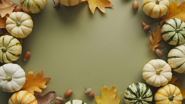 Autumn harvest arrangement of pumpkins and colorful fall leaves on a neutral background