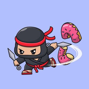 Cute Ninja Slash Donut With Kunai Knife Cartoon