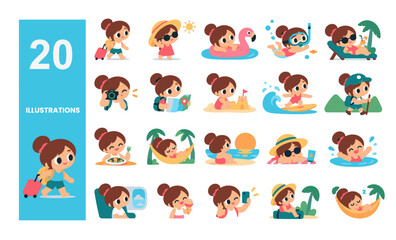 Fototapeta premium Cute Summer Vacation Girl Character Set with Beach, Travel, Surfing and Tropical Holiday Activities Vector