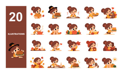 Fototapeta premium Cute Thanksgiving Girl Character Set with Turkey, Pumpkin Pie and Autumn Activities Vector Illustration