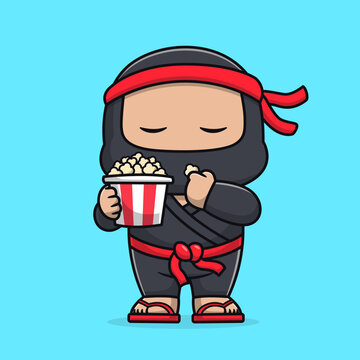 Cute Ninja Eating Popcorn Cartoon