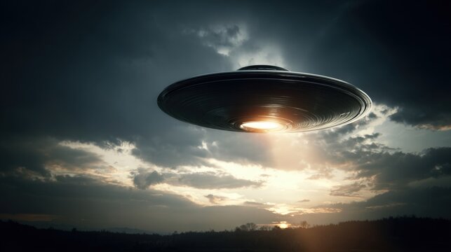 Photorealistic UFO Captured Mid-Flight Against Dramatic Sunset