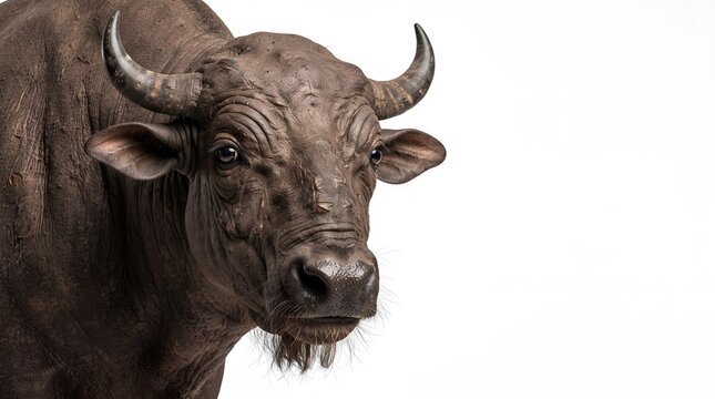 Close up portrait of a powerful brown bull isolated on white background.