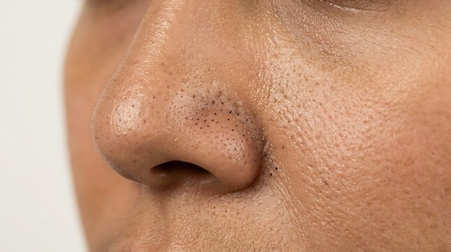 Close up view of a person nose showing visible pores and skin texture on the face