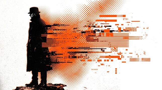person in a coat dissolving into digital particles on white background
