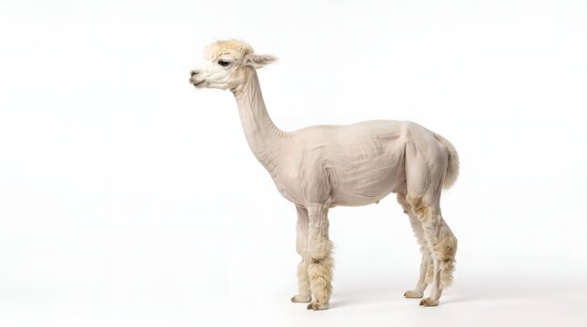A cute white alpaca standing on a clean white background.