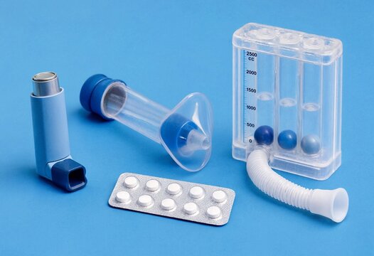 Medical respiratory health equipment including an asthma inhaler, spacer, incentive spirometer, and medication on a blue background