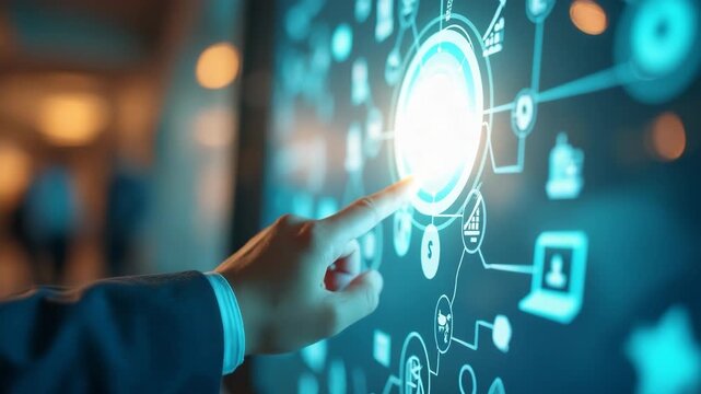Close-up of hand touching glowing digital interface with technology icons. Innovative concept digital transformation, business solutions, data visualization, future technology trends. Doodle symbols