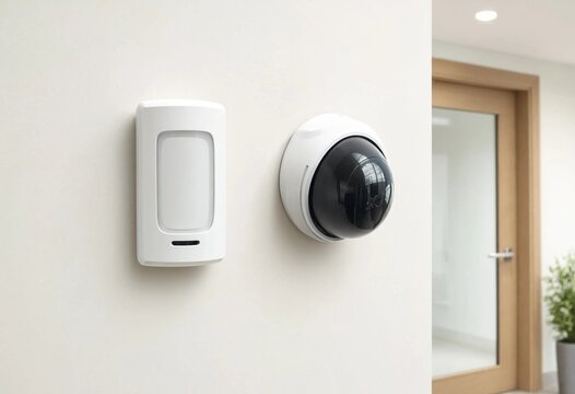 Modern electronic security system components mounted on a white interior wall for home and business protection