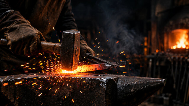 Blacksmith hammering glowing hot metal on an anvil, creating sparks in a dark workshop