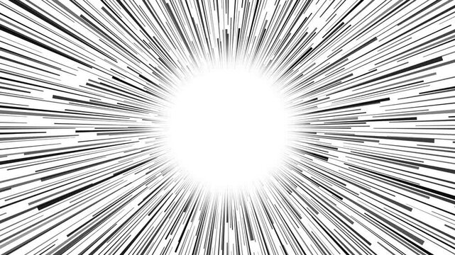 Manga speed lines outward zoom seamless loop on white background, black dashed lines flying forward from center, 4K comic action motion graphic for multiply blend
