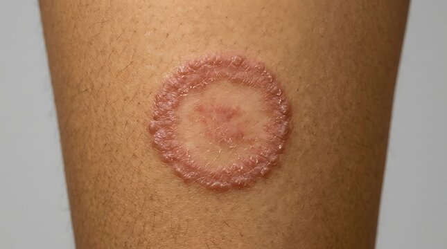 Close up view of a circular ringworm fungal skin infection on a human leg showing red rash