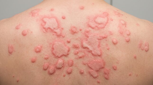 Close up view of red itchy skin rash with raised bumps and inflammation on human back