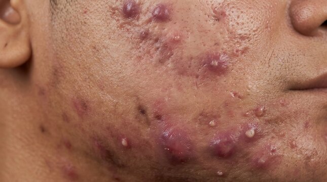 Close up of a person with severe acne inflammation and skin breakouts on their face and chin