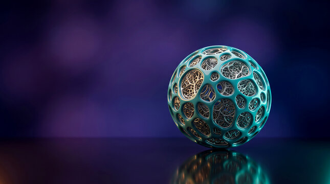 Geometric sphere with voronoi pattern, a futuristic design concept with a teal and silver color