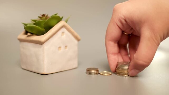 Kazakhstan tenge coin stacks are moved around a small house, creating a conceptual scene about deciding how to allocate savings for housing, budgeting, investment and future financial goals.