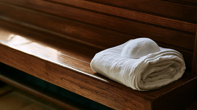 Yom Kippur service setup with a white prayer shawl and round kippah on a wooden bench