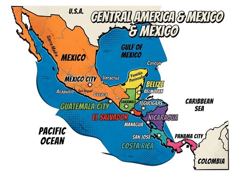 Map of mexico and central america showing countries cities and oceans