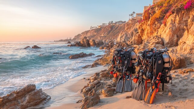Scuba Gear on Coastal Beach at Sunset, California