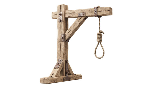 Vintage wooden gallows structure with hanging rope noose as PNG cutout