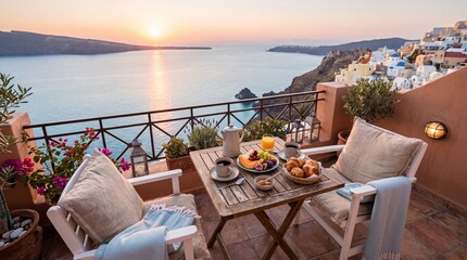Fototapeta premium mediterranean balcony breakfast overlooking the sea in warm morning light