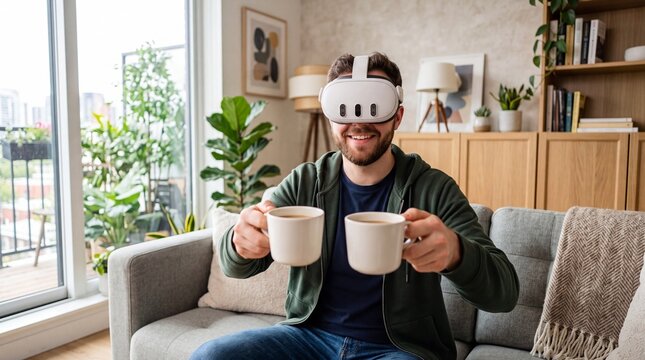man wearing a virtual reality headset while holding two coffee mugs