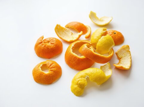 A collection of vibrant, freshly peeled citrus fruits including bright orange and yellow lemon rinds scattered across a white studio surface, ingredient, colorful, lemon