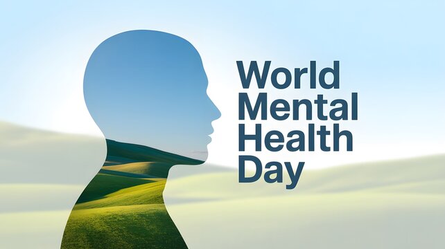 World mental health day concept with a silhouette of a human head and landscape