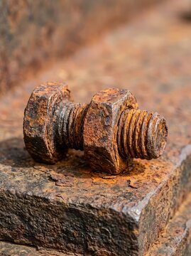 A heavily corroded metal bolt and hexagonal nut fastened tightly together on weathered iron, showing flaking rust and texture in daylight, iron, detail, corroded