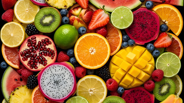 Rainbow Mosaic of Fresh Sliced Fruits and Exotic Berries